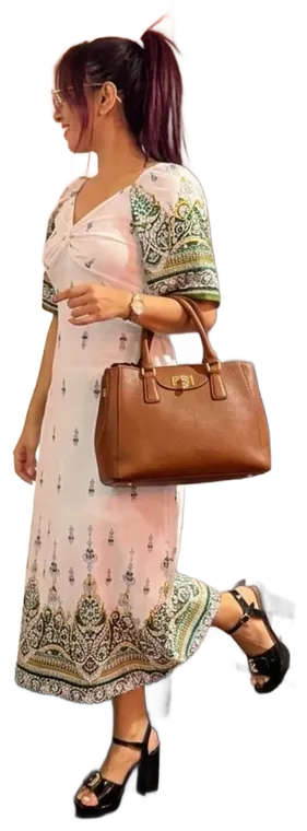 AI try-on: Printed maxi dress with a handbag