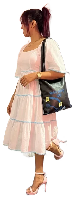 AI try-on: White tiered dress with a shoulder bag